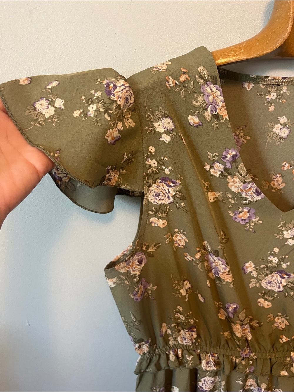 Cottagecore Olive Green Floral V-Neck Midi Dress - Picture 3 of 4